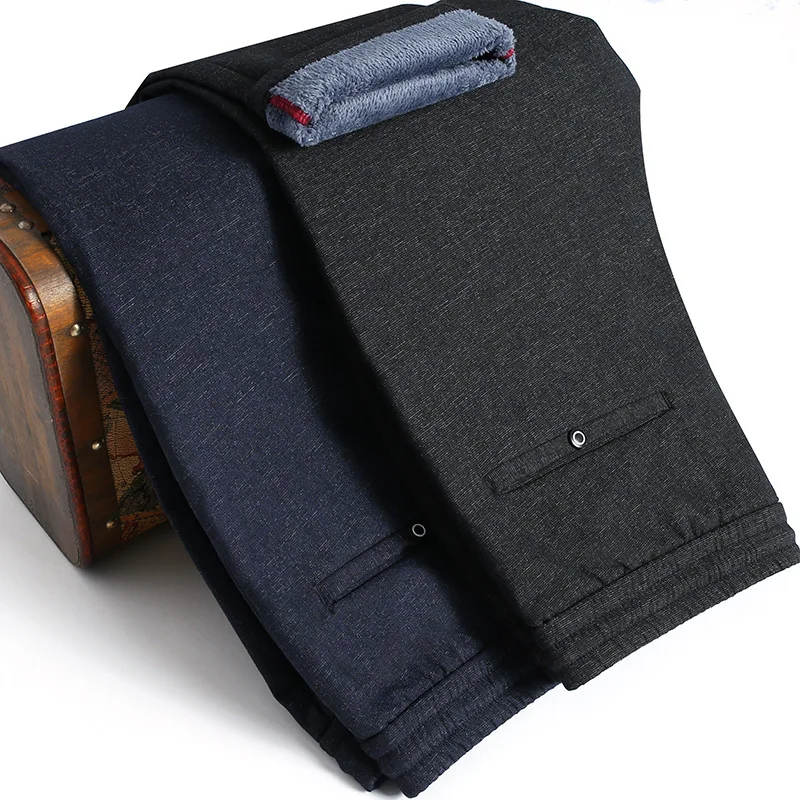

Men's winter Fleece Fluff Thicken warm Casual Pants men Business Straight Elastic Thick Khaki cotton trousers male free shipping