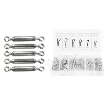 

5 Pcs M5 Stainless Steel 304 Eye & Eye Turnbuckle & 1 Set of 150Pcs R Cotter Pins Tractor Pin Clips With Plastic Box