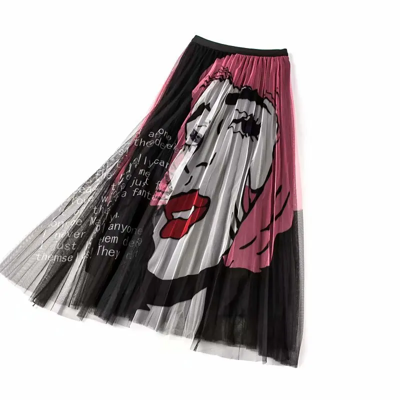 

H1 #2019 Summer New Style Western Style Elastic Waist Cartoon Printed Pleated Gauze Skirt