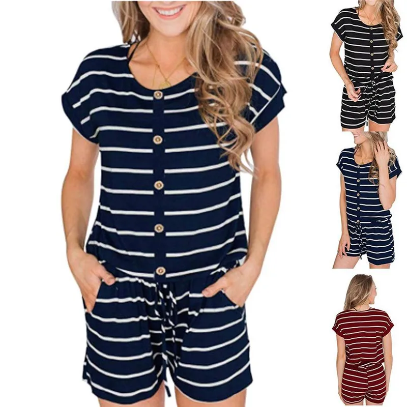 Summer Women's Striped Button O Neck Short Sleeve Elastic Waist Jumpsuit Casual Loose Lace Up Short Playsuit Ladies Bodysuit Summer Women's Striped Button O Neck Short Sleeve Elastic Waist Jumpsuit Casual Loose Lace Up Short Playsuit Ladies Bodysuit