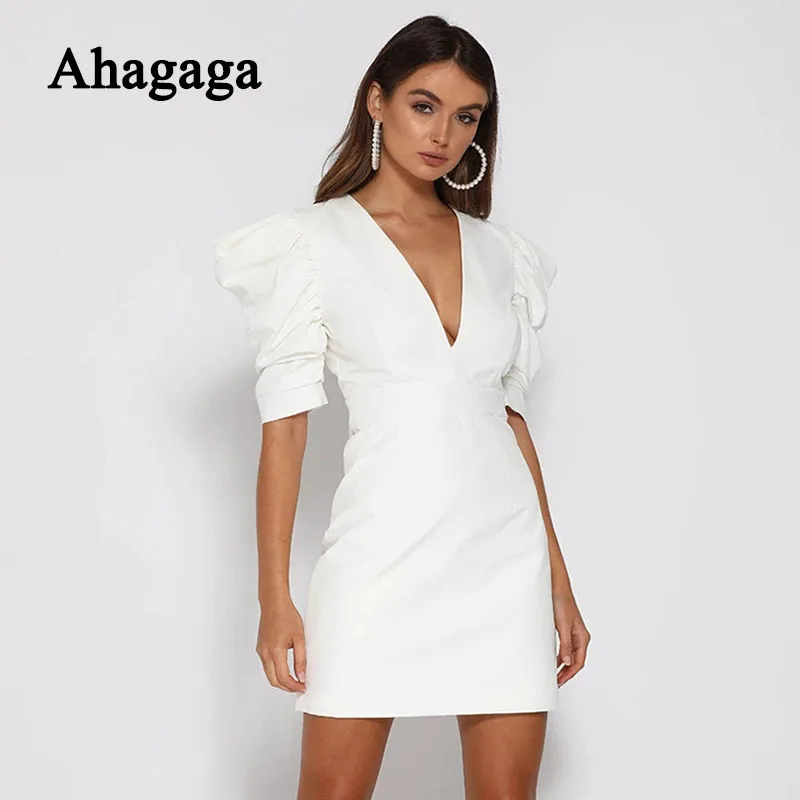 

2022 Mini Dress Women Fashion Short Puff Sleeve A-line V-neck Hollow Out Bodycon High Waist Women Party Dresses Female Vestidos