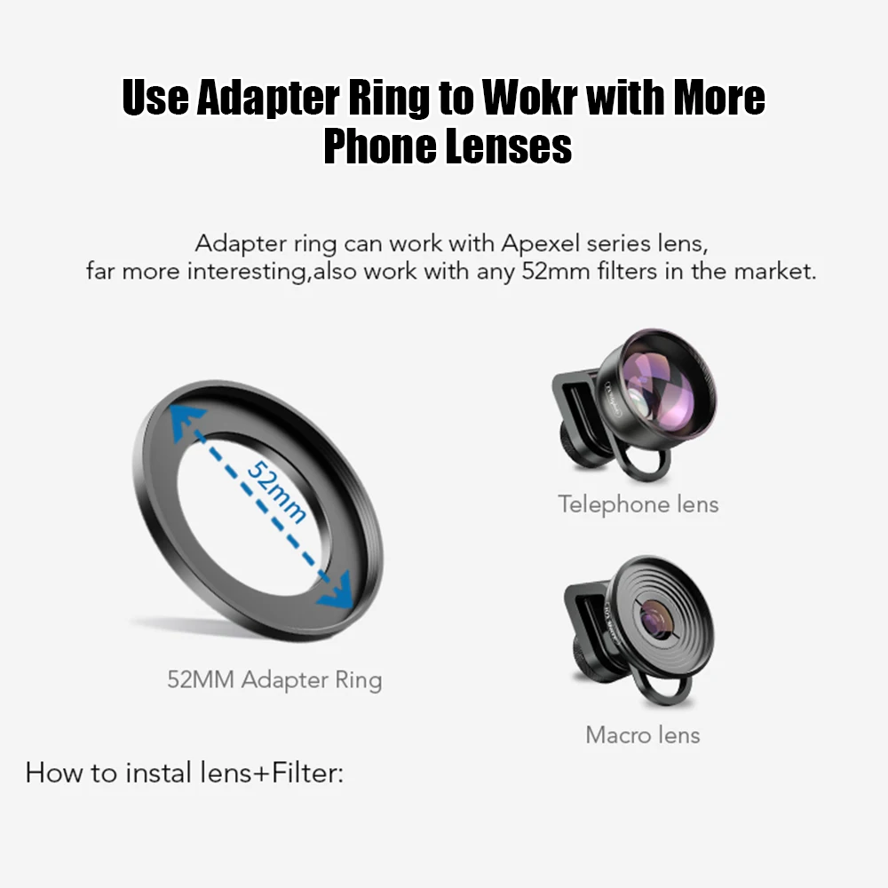 mobile camera lens APEXEL APL-52UV-7G 7in1 Lens Filter Kit 52mm ND32 Filter Lens CPL Lens 6-Point Star Filter 52mm Grad Filters for iPhone xiaomi mobile lens 18x25