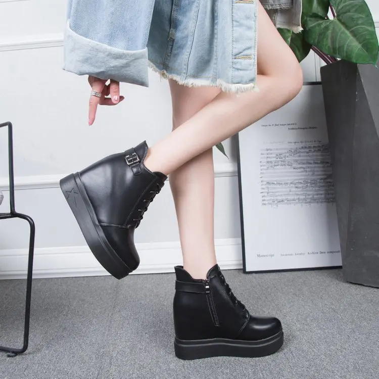 

WOMEN'S Leather Boots 2019 Autumn And Winter New Products Semi-high Heeled Short Side Zipper Rubber Elevator Nap Casual Shoes