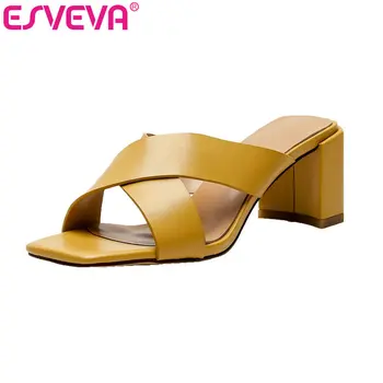 

ESVEVA 2019 Ladies Sandals High Heel Slip On PU+Cow Leather Ladies Elegant Black Summer Slingback Women Shoes Summer Size 34-40