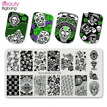 

Beautybigbang Halloween Stamping Plates Nail Art Template Funny Ghost Rose Flower Demon Skull Pumpkin Image Nail Stamping Plates