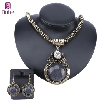 

Vintage Big Dubai Retro Gold Gem Round Crystal Jewelry Sets Nigerian Wedding Costume Necklace Earring Party gift