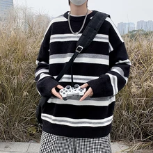 

Striped Sweater Loose Knit Japanese Basic Black Men's Vintage Sweater Grunge Korean Fashion Men Winter Clothes Jerseys Alt Coat