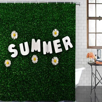 

Summer Green Grassland Chrysanthemum Shower Curtain Waterproof and Mildewproof Polyester Fabric Bath Curtain Design