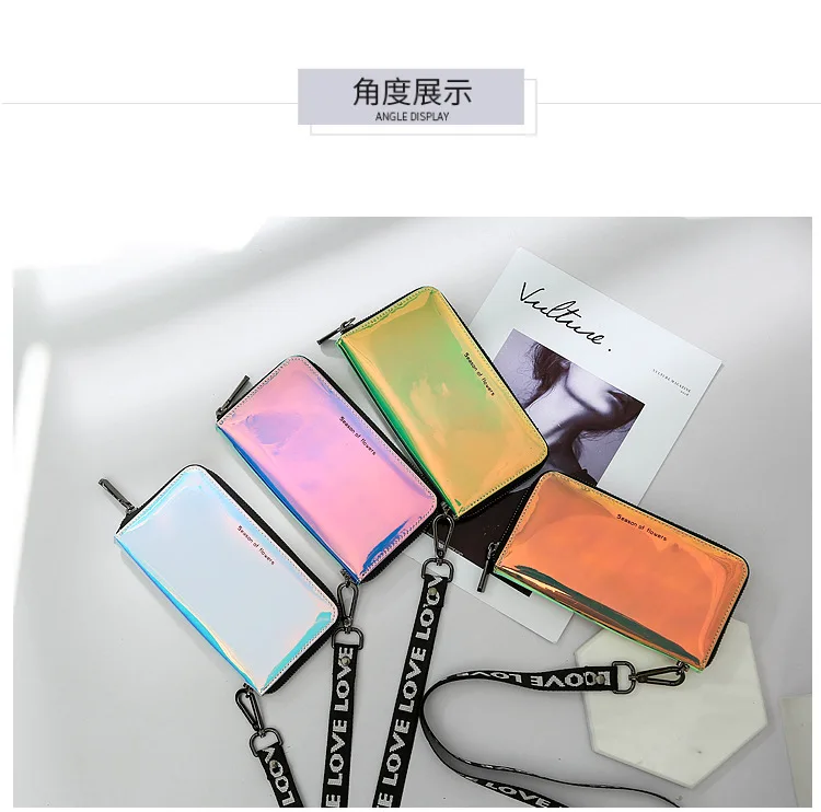 New Lanyard Laser Holographic Wallet Women Long Purse Female Clutch Bag Women Wallets Purses Zip Phone Pocket