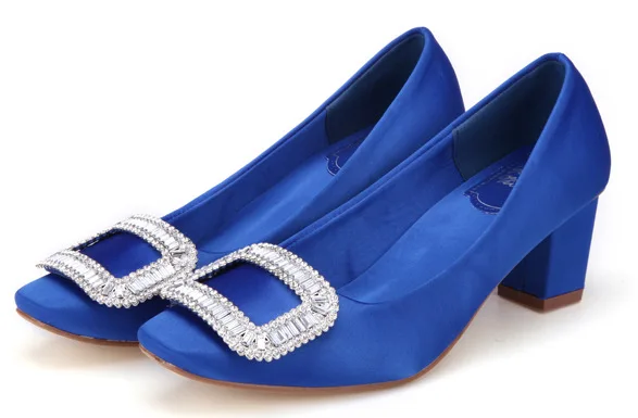 

2019 Summer Trend Shoe Square Head Satin Surface Man-made Diamond Square Buckle Semi-high Heeled Chunky-Heel Shallow Mouth Singl