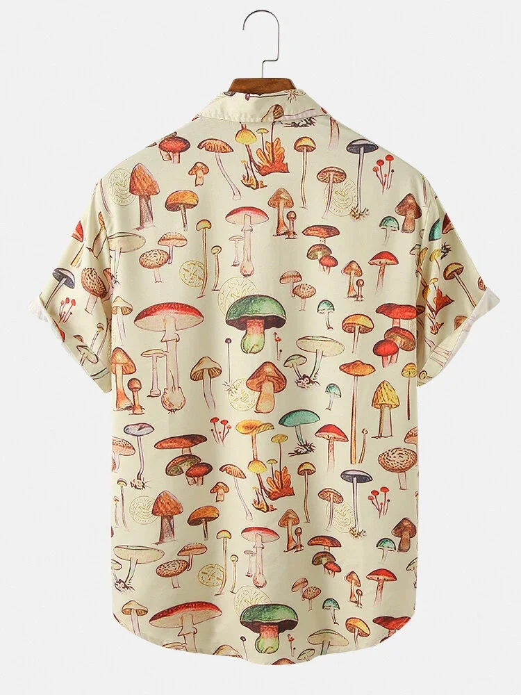 Summer Men Hawaiian Shirts Lapel Chest Pocket Short Sleeve Colorful Element Mushroom Pattern Print Button Up Casual Shirt casual short sleeved shirt,short sleeved shirt,hawaiian shirt