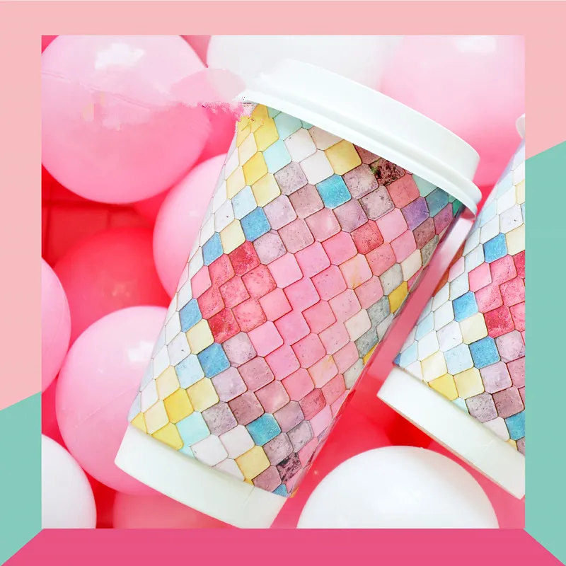 

500pcs High quality creative disposable coffee cup multicolor double layer insulation drink paper cups party favor cup with lid