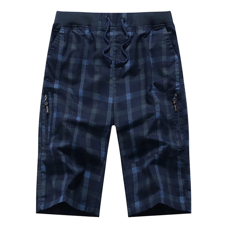 Long Shorts Men Plaid Capris Cotton Summer 3/4 Length Trousers Back Zipper Pocket Bermuda Male Vogue Elastic Waist Breeches Men