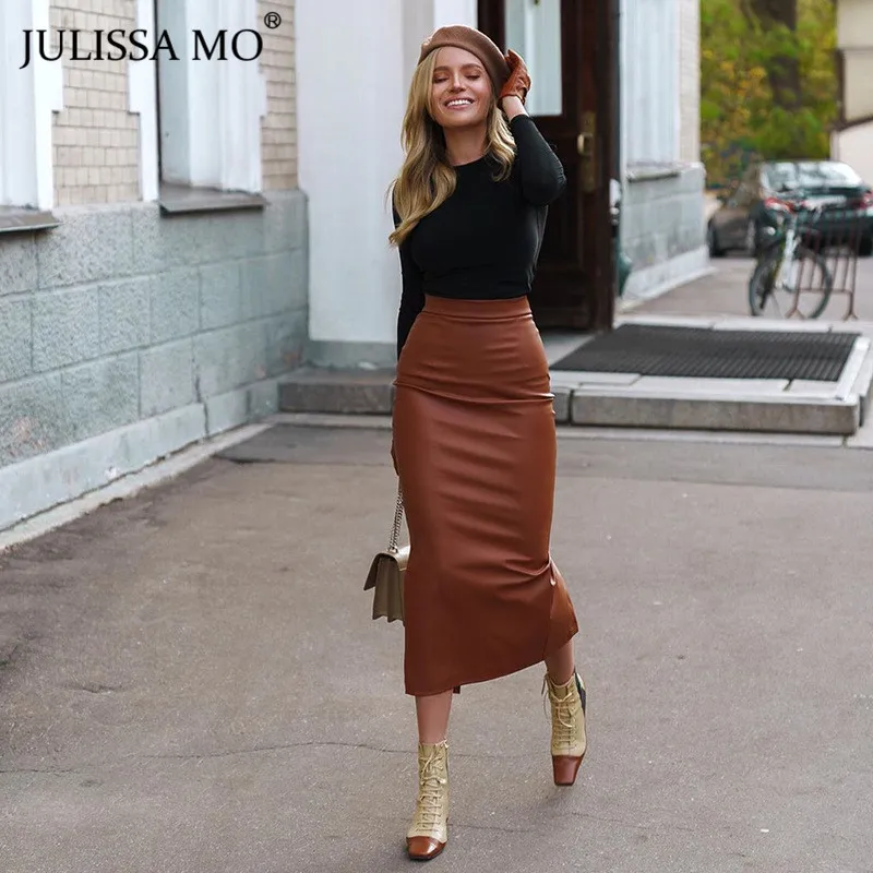Julissa mo, сексуальные длинные юбки из искусственной кожи, женская зимняя облегающая юбка с высокой талией, элегантная Офисная Женская прямая юбка, jupe femme