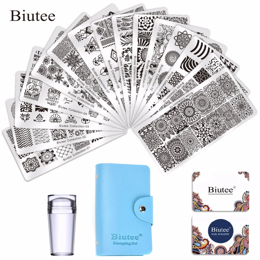 Skup Biutee 15 sztuk różne wzory płytki paznokci pieczątka na paznokcie tłoczenia płyty + 1Pc Stamper DIY narzędzie do manicure zestaw