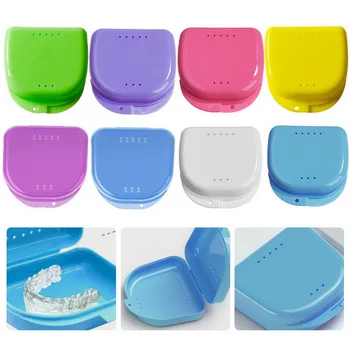 

Portable Retainer Case Denture Box Mouthguard Container with Vent Holes and Hinged Lid Snaps#