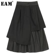 [EAM] черная плиссированная Асимметричная шерстяная юбка средней длины с высокой эластичной талией, женская модная одежда, Новинка весна-осень 1M085