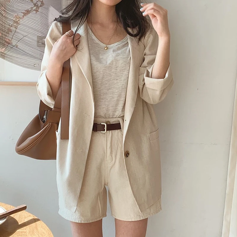

QOERLIN Two Button Simple Cotton Linen Suit Jacket 2021 Long Sleeve Thin Air-Conditioned Jacket Coat Female Blazer Office Ladies