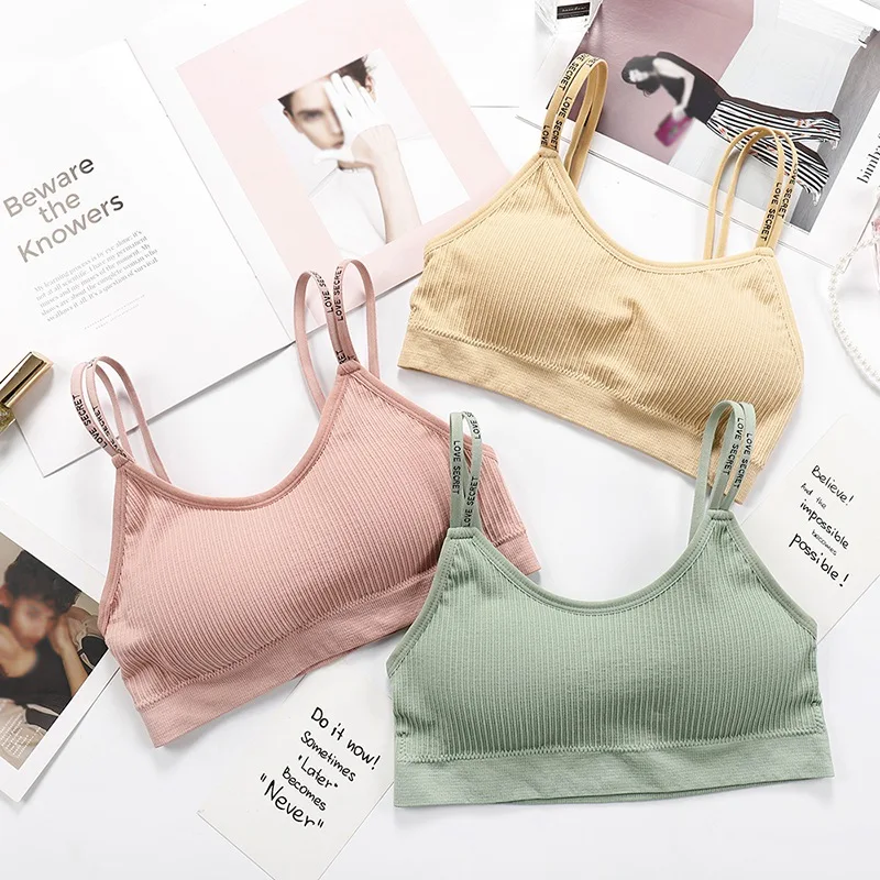 

Threaded English Letter double Shoulder Strap Sports Girl Wrapped Chest Elastic Pad Sports Camisole 2019