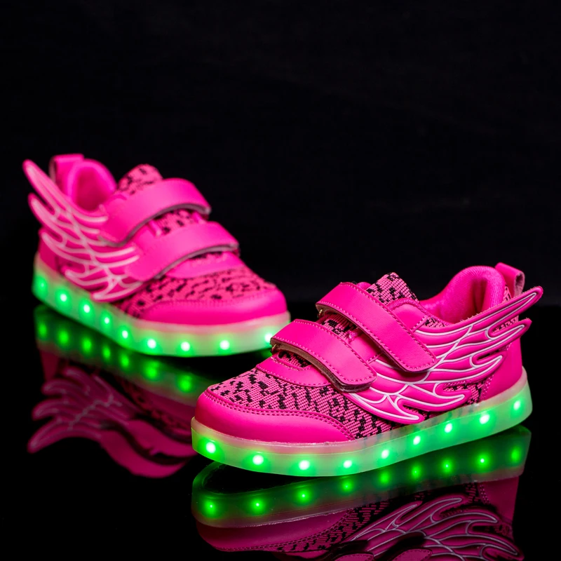Детская светящаяся обувь с подсветкой; Детские светящиеся кроссовки с usb зарядкой и крыльями для мальчиков и девочек; обувь с высоким верхом; Размеры 25-35