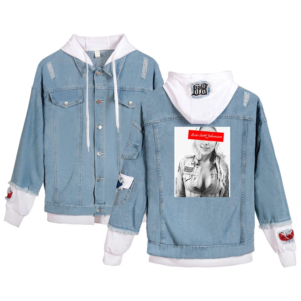Light Blue Winter Jean Jackets Outerwear Scarlett Johansson star printed Denim Coats stranger things  Winter Denim Jackets