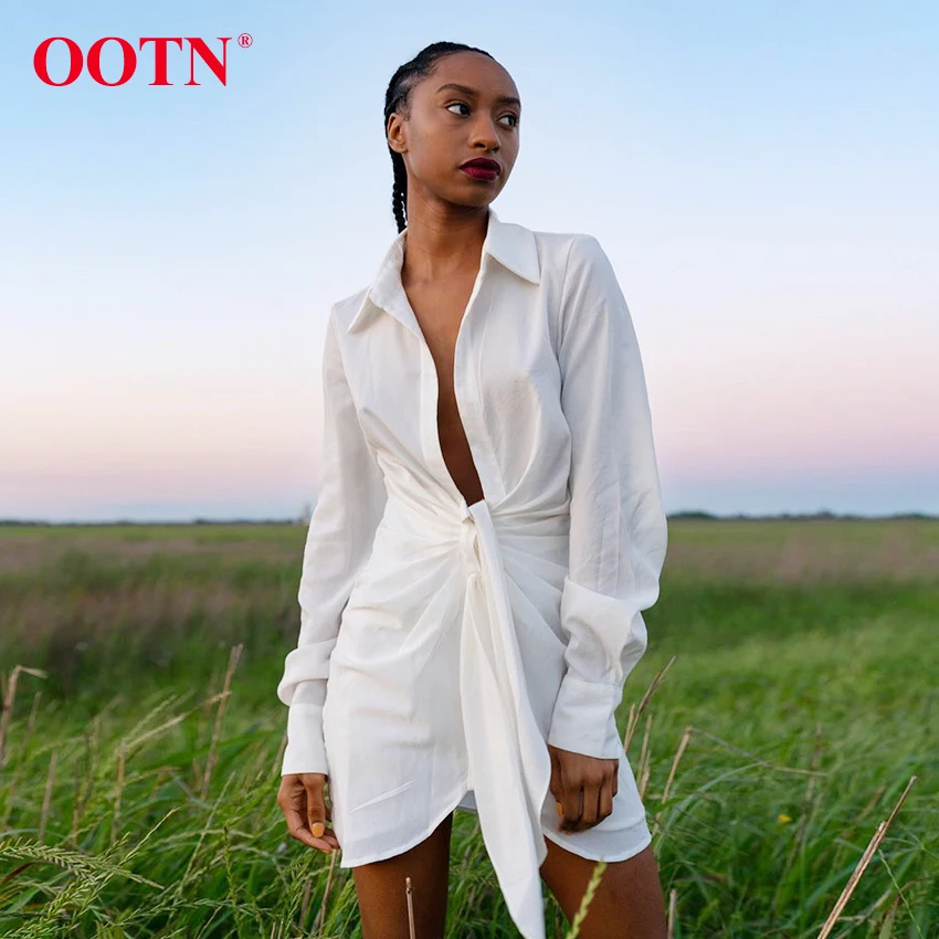 OOTN, сексуальное Белое платье-рубашка на шнуровке, женские платья с длинным рукавом, повседневное, шикарное, необычное, короткое, мини пляжное платье, Женская туника для отдыха