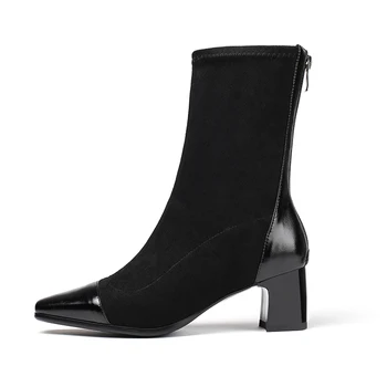 

Genuine Leather high Heels Women Warm Socks Ankle Boots Sweet Female Chelsea Short Boots Dancing Party Shoes Woman