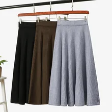 Длинная трикотажная юбка с высокой талией, Зимняя юбка миди, вязаная плиссированная юбка, винтажная элегантная корейская мода