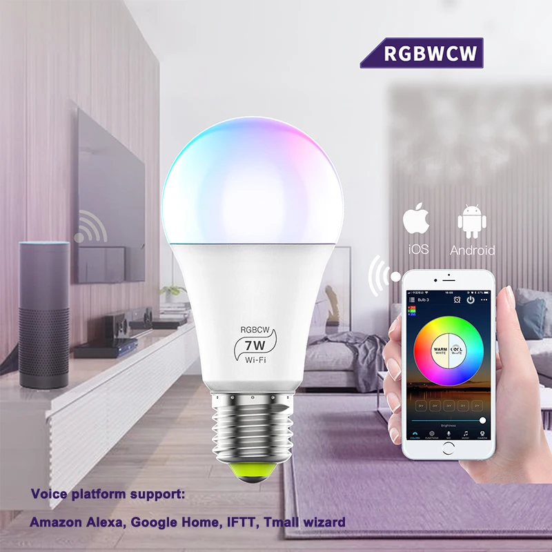 Wi-Fi с регулируемой яркостью E27 RGB светодиодный умный светильник 7 Вт волшебная лампа RGB умная лампа со звуковым управлением светодиодный светильник с изменяющимся цветом умная лампа