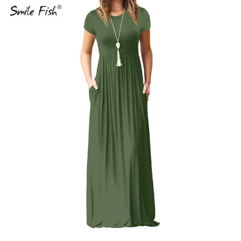 Ceny Lato Maxi długa sukienka kobiety Femme Boho długie sukienki Plus rozmiar casualowe kieszenie nowa krótka rękaw O neck jednolita sukienka S 2XL GV598