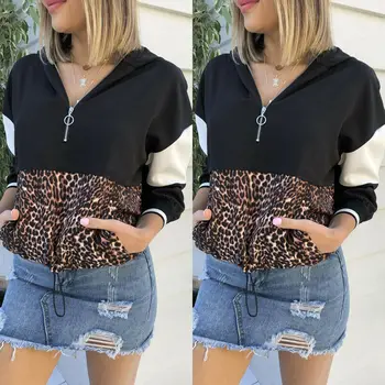 

Womens Hoodie 2019 Autumn Sweatshirt Hooded Long Sleeve Blouses Pathwork Pullover Leopard Print Jumper Tops Streetwear