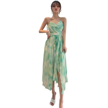 

Elegant Womens Dresses New Arrival 2020 Slip Backless Tie Dye Chiffon Party Dress Ladies Corset Sexy Pleated Dress Summer Woman