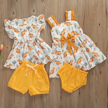 

Little Girls Animals Outfits 2-Piece Set Baby Sister Suits Kids Summer Fashion Casual Sling Tops + Denim Shorts Suit