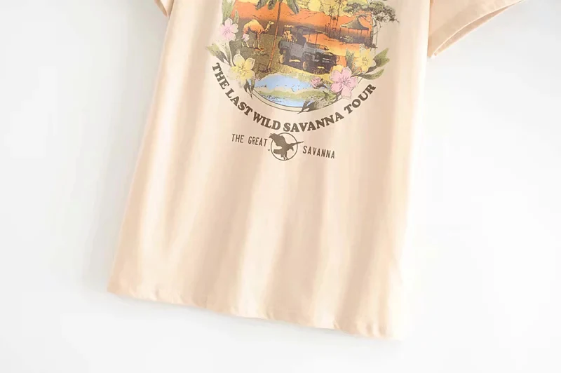 KIYUMI Tshirt Women Coconut Tree Pattern Print Summer TShirt O-Neck Short Sleeves Tops Casual Cotton Beige Women Tops and Shirts