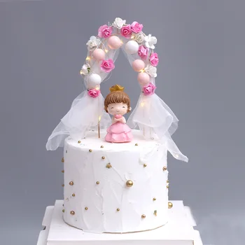 

Unique Flowers Wedding arch cake topper birthday party baked cake inserted flag chiffon wedding cake toppers birthday decoration