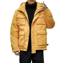 Зимнее пальто для мужчин, Повседневная однотонная теплая хлопковая одежда с капюшоном, пальто на молнии, повседневные мужские зимние куртки желтого цвета с четырьмя карманами