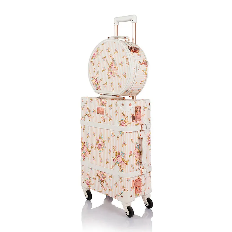 Beige Floral COTRUNKAGE 2" винтажный комплект дорожных чемоданов TSA замок носить на чемодан для женщин с коробкой шляпы-бежевый цветочный - Цвет: Beige Floral