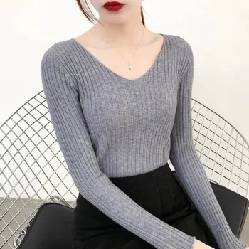 

Solid Hot Sale 1PC V-neck Slim Female Winter bodycon Autumn Basic Sweater Sweater Long Sleeve Pullover Knitted Women