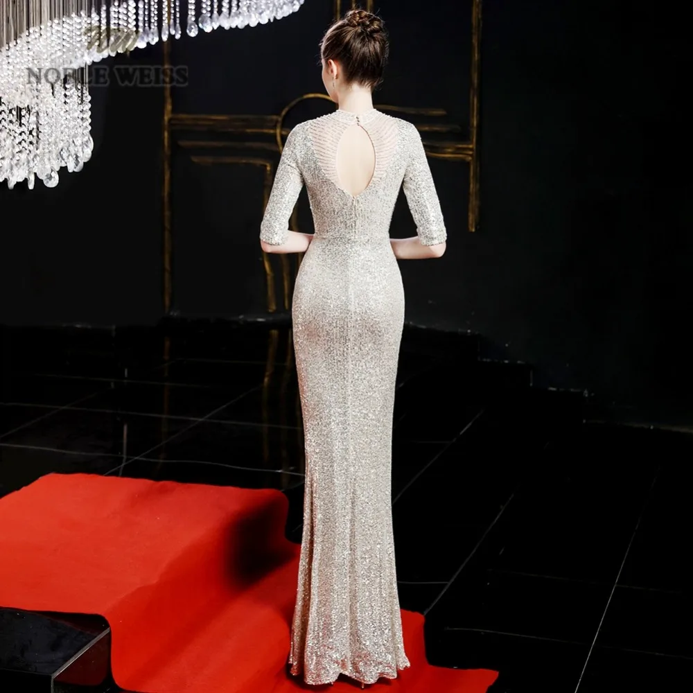 evening dresses gold mermaid elastic sequin beading party dress sexy long prom gown with half sleeves