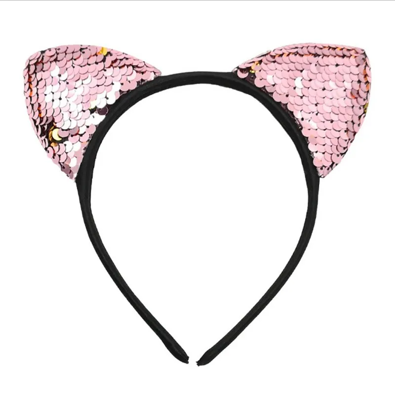 Модный детский обруч с блестками для девочек; повязка на голову с кошачьими ушками; повязка на голову; головные уборы; аксессуары для волос; детский подарок - Цвет: Розовый