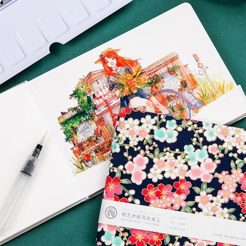 Drawing Sketchbook 32K Watercolor Book 300g Cloth Art Cover Portable Travel Hand-painted Blank Graffiti Painting Book