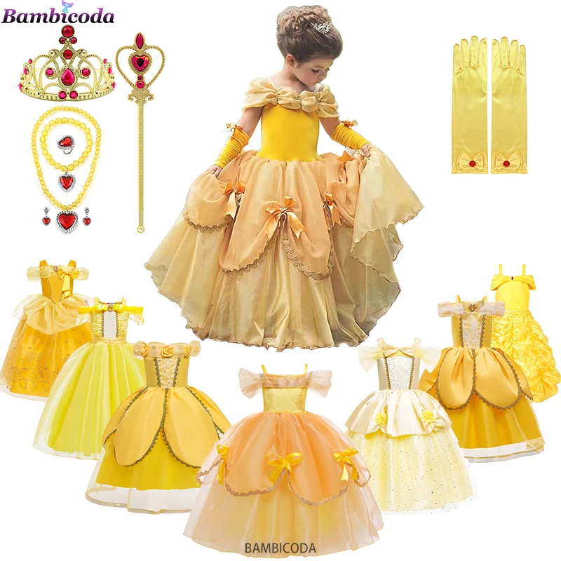 2023 Cosplay Belle Princess Dress Girls Dresses For Beauty and beast Kids Party Clothing Magic stick crown Children Costume