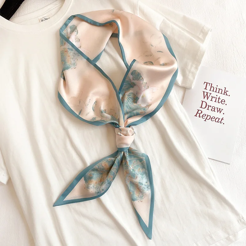 

2020 New Style Lotus Printed Narrow Strip Silk Scarves Female Fashion Western Style Decoration Neckerchief Korean-style Hair Ban