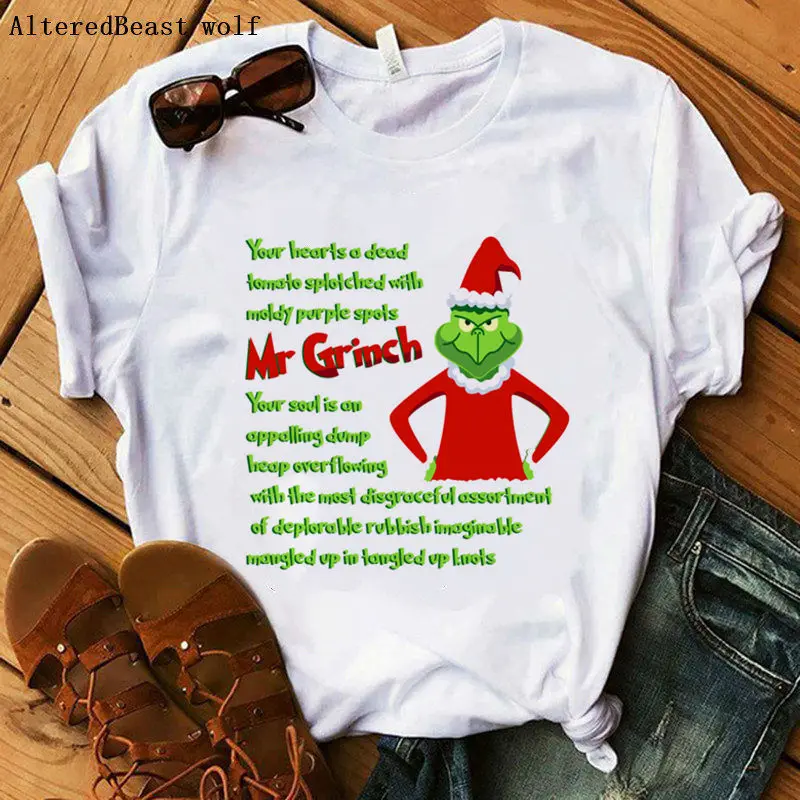 as picture Футболка с надписью I'm a Mean One Grinch, женская футболка с принтом, Рождественская Футболка с принтом Grinch, женские белые топы, женская модная забавная одежда - Цвет: as picture