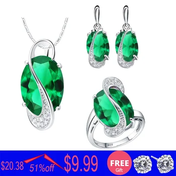 

luxury Silver 925 Jewelry Set for Women Green Emerald Earrings Ring Necklace Pendant Buy 1 Get 1 Free Gift