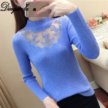 

Dingaozlz Women Pullovers Sweater Autumn Winter Sexy Hollow diamond Knitted shirt Casual Long sleeve lace shirt