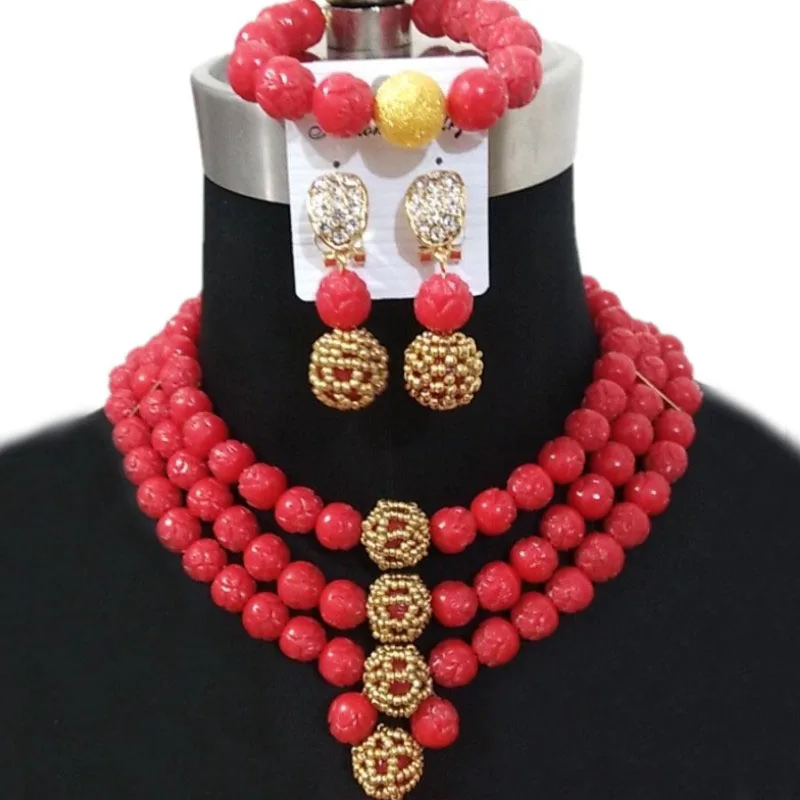 4 ujewelry, оригинальное украшение с коралловыми бусинами, наборы, красный 3 чокер с несколькими слоями, женские африканские украшения, нигерийское свадебное ожерелье, набор, Дубай