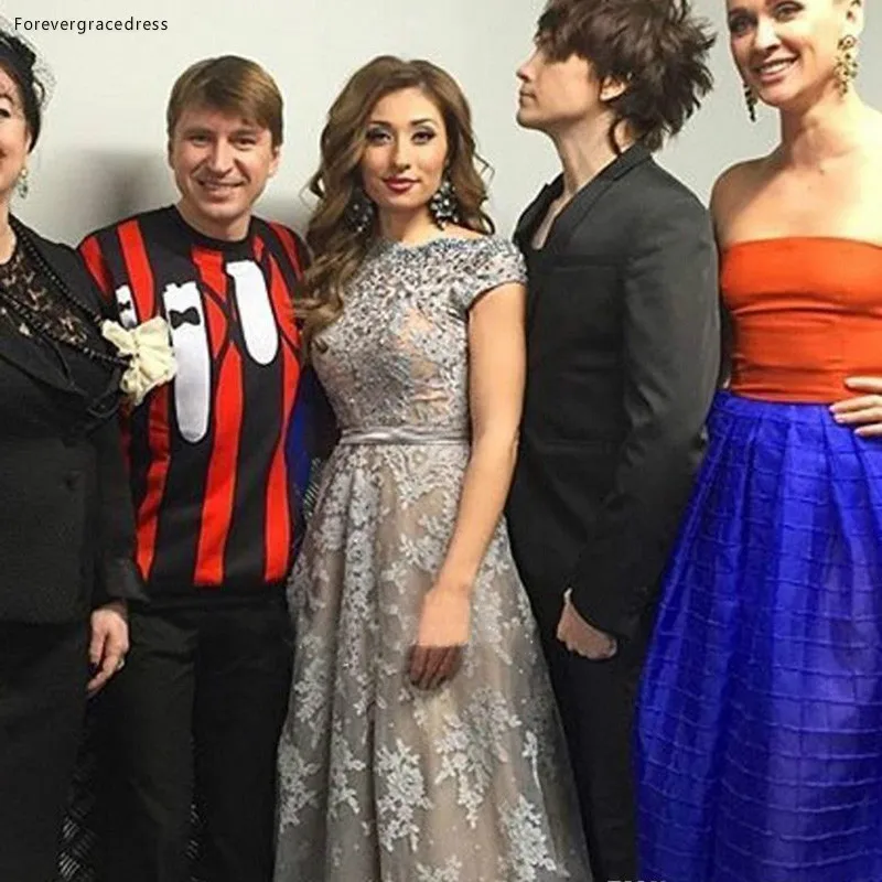 2017 A Line Long Evening Dresses with Short Sleeve Lace Appliques Beaded Formal Evening Dresses Jewel Neck Zipper Back Celebrity Dresses  159 (3)