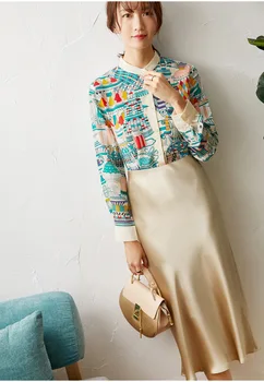 

Women Shirt Dessert Printed Silk Shirt Female Spring 2020 New Long-sleeved Loose Casual Shirt