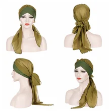 Шифоновая женская шапка мусульманская гофрированная раковая шапка Хемо шарф Тюрбан два хвоста шапка повседневная одежда одноцветная